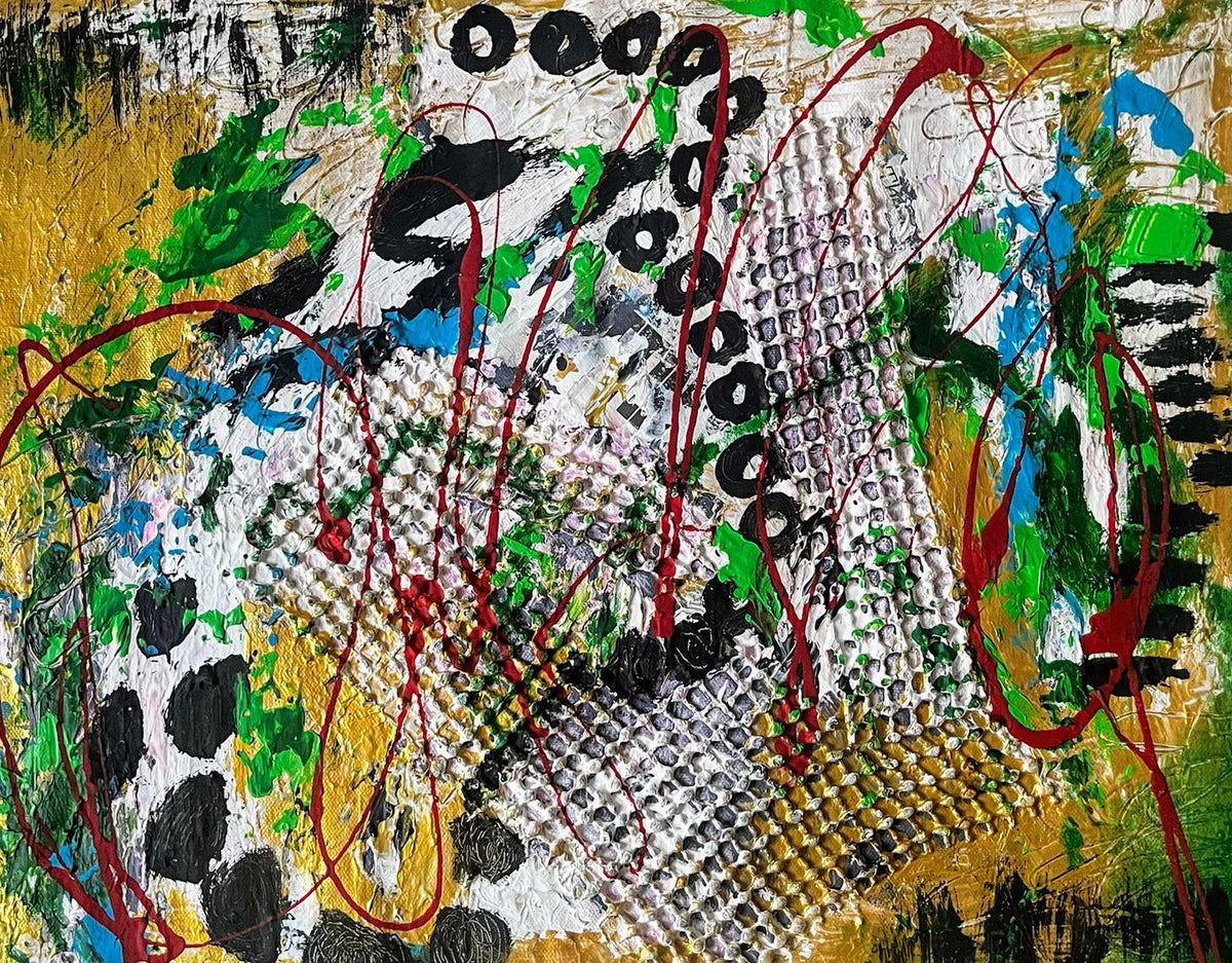 Large modern wall art green and gold | Mix media art | 20 x17 inches